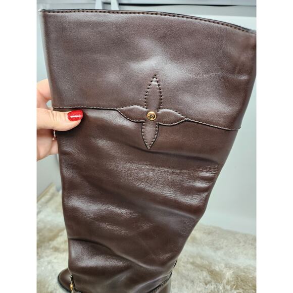LOUIS VUITTON BROWN KNEE HIGH TALL LOGO LEATHER BOOTS - SIZE 41 - Picture 7 of 16